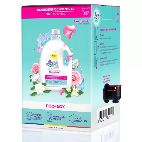 Detergent lichid concentrat Fressia – Pink Melody, 100 spalari, 5L, Eco-Box